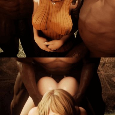 capcom, resident evil, resident evil 4, resident evil 4 remake, ashley graham, ashley graham (ella freya), azzat, 2boys1girl, ahe gao, ambiguous penetration, anteater face, ass, big ass, big breasts, big penis