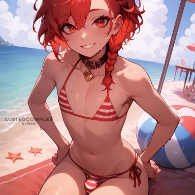 lustedcomplex, 1boy, 1femboy, beach, bikini, braid, braided hair, bulge, collar, femboy, feminine male, girly, looking at viewer, otoko no ko, red eyes