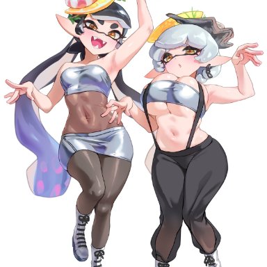 nintendo, splatfest, splatoon, splatoon (series), splatoon 3, callie (splatoon), inkling, marie (splatoon), squid sisters, jtveemo, 2girls, alternate costume, black hair, breast size difference, breasts