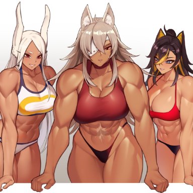 genshin impact, mushoku tensei, my hero academia, dehya (genshin impact), ghislaine dedoldia, miruko, gojich1, 3girls, abs, animal ears, muscular, muscular female, sports bra, piper perri surrounded