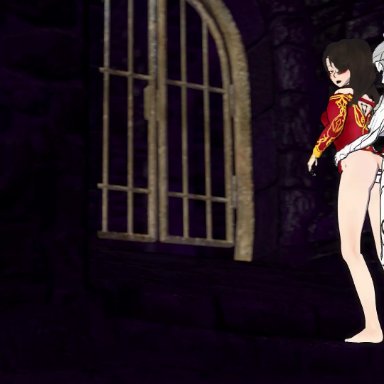 rwby, cinder fall, salem (rwby), sfmslayer, anal, anus, ass, big balls, black hair, black sclera, body markings, breasts, brown eyes, dungeon, embarrassed