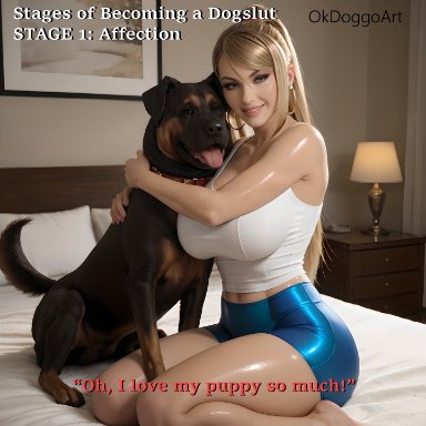 samus aran, okdoggo, 1dog, 1girls, bedroom, big ass, big breasts, big butt, bimbo, blonde hair, blue eyes, canine, female, gym shorts, hoop earrings