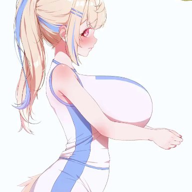 hololive, hololive english, fuwawa abyssgard, prab, animal ear fluff, animal ears, blinking, blonde hair, blue hair, blush, bouncing breasts, breasts, closed mouth, dog ears, dog girl