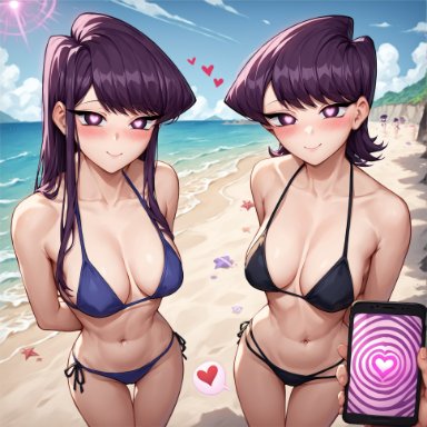 komi-san wa komyushou desu, komi shouko, komi shuuko, notreallyhere, beach, bikini, blush, brainwashing, breasts, cleavage, hands behind back, heart, heart-shaped pupils, holding phone, hypnosis