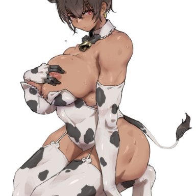 original, kei (m k), m k, abs, animal ears, animal print, biceps, breasts, brown hair, covered abs, cow ears, cow girl, cow print, cow tail, dark skin