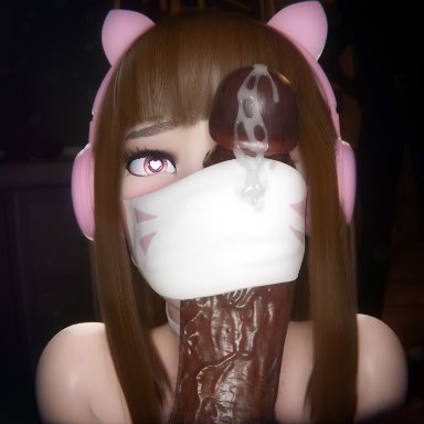 overwatch, d.va, supernovax, black penis, cat ear headphones, cum on mask, cum on penis, dark-skinned male, face mask, headphones, heart in eye, penis under mask, pink cat ear headphones, 3d