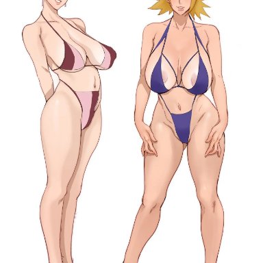 boruto: naruto next generations, naruto, naruto (series), temari, tenten, jnsdh, 2girls, 2milfs, adapted costume, areola slip, arms at sides, arms behind back, bare legs, bare midriff, bare shoulders