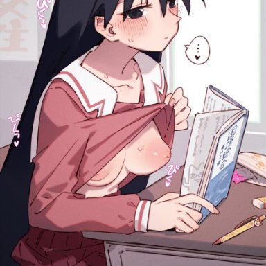 azumanga daiou, sakaki, gsusart, 1girls, areolae, black eyes, black hair, blush, book, breasts, clothes lift, collarbone, condom, condom wrapper, desk