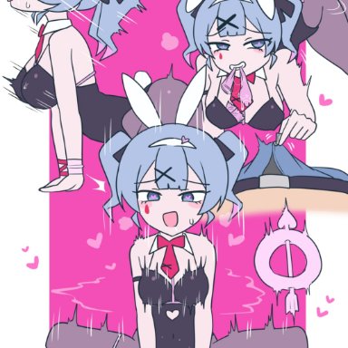 rabbit hole (vocaloid), vocaloid, hatsune miku, yunshih, 1boy, animal ears, black pantyhose, blue eyes, blue hair, blunt bangs, breasts, channel ( caststation) (style), condom, cowgirl position, detached collar