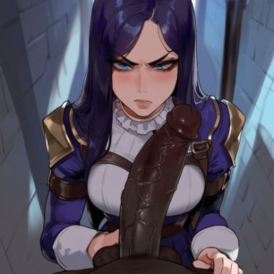 league of legends, caitlyn kiramman, angry, big penis, blowjob, blue eyes, blue hair, dark penis, dark-skinned male, justgens, light-skinned female, male, penis, pov, ai generated