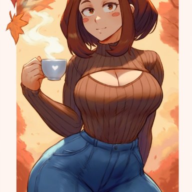 my hero academia, ochako uraraka, krystalizedart, arm behind back, autumn, brown eyes, brown hair, brown sweater, cleavage, coffee, coffee mug, contrapposto, curvy, framed breasts, huge breasts