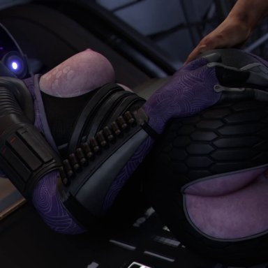 mass effect, commander shepard, quarian, tali'zorah nar rayya, facelesstrigger, 1girl1boy, 1girls, athletic female, handholding, light-skinned male, on side, partially clothed, purple skin, sex, skin tight