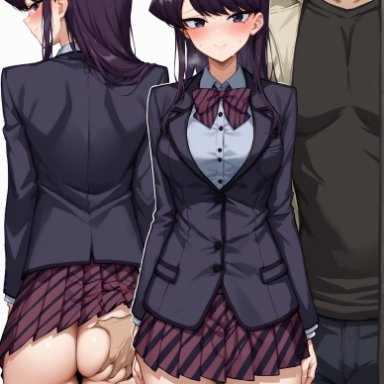 komi-san wa komyushou desu, komi shouko, notreallyhere, 1boy, ass grab, blush, faceless male, female, long hair, looking at viewer, netorare, pleated skirt, purple eyes, purple hair, school uniform