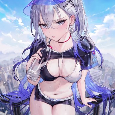 honkai (series), honkai: star rail, silver wolf (honkai: star rail), qiandaiyiyu, 1girls, bottle, detailed background, earrings, female, female focus, female only, gradient hair, gym clothing, gym shorts, holding