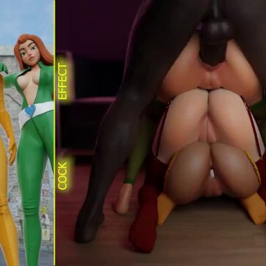 totally spies, alex (totally spies), clover (totally spies), sam (totally spies), tscd rendering, 1boy, 3girls, anal, anal insertion, anal sex, back view, black hair, blonde female, blonde hair, bottomless