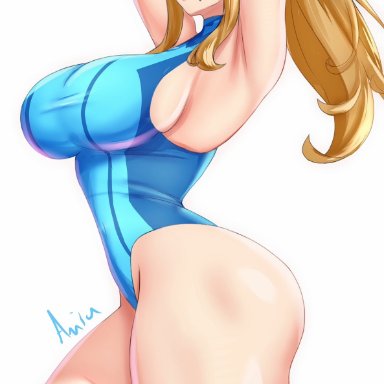 metroid, nintendo, samus aran, anisdrawn, 1girls, big breasts, blonde hair, blue eyes, breasts, female, leotard, long hair, ponytail, thick thighs, artist signature