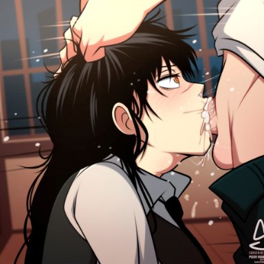 chainsaw man, denji (chainsaw man), mitaka asa, yoru (chainsaw man), semidraws, 1boy, 1girls, black hair, blush, cum, deepthroat, face scar, fellatio, grabbing hair, messy hair