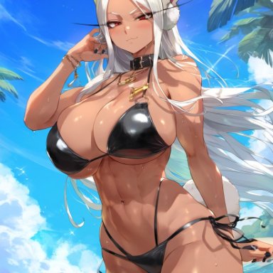 my hero academia, miruko, rumi usagiyama, meiogun, 1girls, abs, bare arms, bare legs, bare shoulders, bare thighs, beach, big breasts, bikini, bikini bottom, bikini top