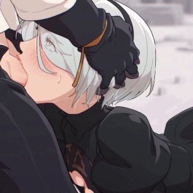 nier: automata, yorha 2b, gintsu, 1boy, 1girl, 1girls, clothed sex, deepthroat, fellatio, head grab, irrumatio, light-skinned female, pale-skinned female, sex, thrusting