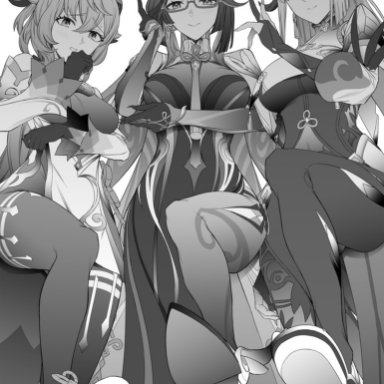 genshin impact, ganyu (genshin impact), shenhe (genshin impact), xianyun (genshin impact), takai isshiki, 3girls, bare shoulders, big breasts, blush, breast curtains, breasts, detached sleeves, dominant female, dress, feet