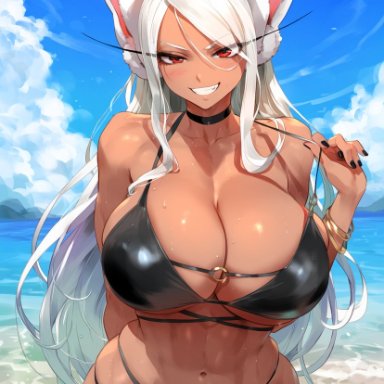 my hero academia, miruko, rumi usagiyama, meiogun, 1girls, abs, bare arms, bare legs, bare shoulders, bare thighs, beach, big breasts, bikini, bikini bottom, bikini top