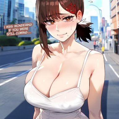 chainsaw man, higashiyama kobeni, floox, thiccwithaq (ai style), 1girls, alternate breast size, breasts, brown hair, dress, female, hips, huge breasts, large breasts, light skin, light-skinned female