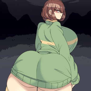 undertale, chara, captain kirb, 1girls, ass, big ass, big breasts, breasts, brown hair, bubble butt, busty, dat ass, dumptruck ass, ear piercing, fat ass