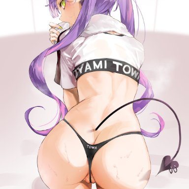 hololive, tokoyami towa, kuroi suna, ass, barbell piercing, bent over, black panties, butt crack, cleft of venus, crop top, demon tail, ear piercing, earrings, female, from behind