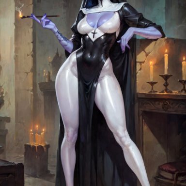 overwatch, overwatch 2, widowmaker, philon, 1girls, black dress, black footwear, breasts, candle, candlestand, cleavage, colored skin, contrapposto, covered navel, cross