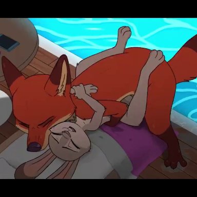 zootopia, zootropolis, judy hopps, nick wilde, letodoesart, anthro, anthro on anthro, anthro penetrated, fox, furry, poolside, animated, sound, tagme, video