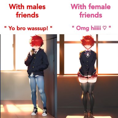 cute male, femboy, feminine body, feminine male, feminization, jeans, red hair, sissy, skirt, socks, thick thighs, ai generated, no watermark, novelai, text