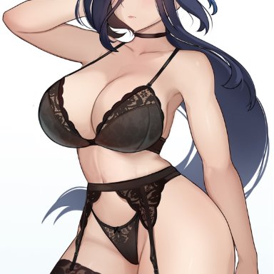 genshin impact, clorinde (genshin impact), hioyami, 1girls, black stockings, blue hair, bra, breasts, cleavage, female, garter belt, garter straps, huge breasts, light skin, light-skinned female