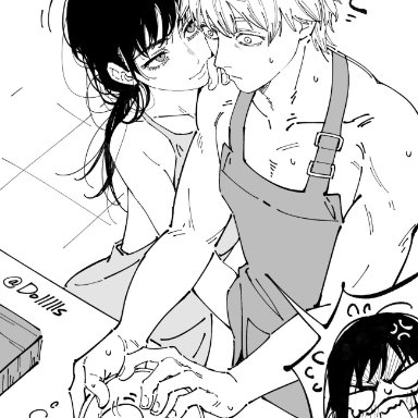 chainsaw man, denji (chainsaw man), mitaka asa, yoru (chainsaw man), dollllls, 1boy, 2girls, 2girls1boy, cooking, handjob, handjob through clothing, nervous, nervous sweat, surprised, black and white