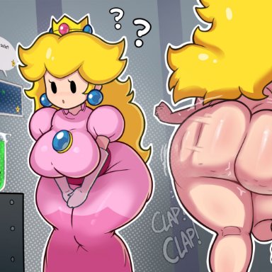 mario (series), paper mario, paper peach, princess peach, mekaatomic, 1girls, ass clapping, barefoot, before and after, behind view, big ass, big breasts, birthday suit, blonde female, blonde hair