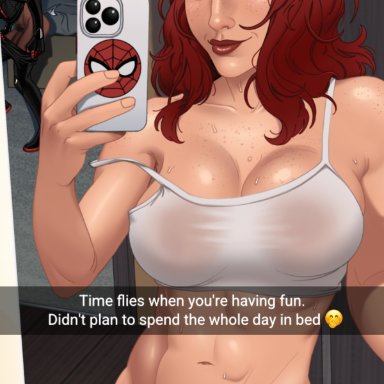 marvel, marvel comics, snapchat, spider-man (series), mary jane watson, miles morales, spider-man, bleepideeboop, age difference, alarm clock, bed, bedroom, blue eyes, carpet, cheating