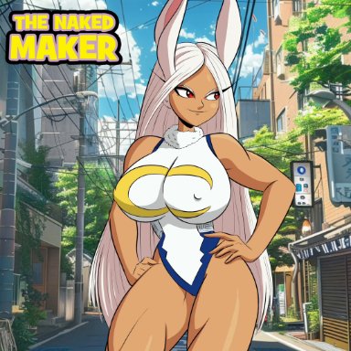 my hero academia, miruko, rumi usagiyama, the naked maker (oc), usagiyama rumi, the naked maker, 1boy, 1girls, animal ears, areola, areolae, arm covers breast, assisted exposure, big breasts, blush