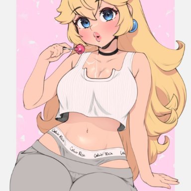 calvin klein, mario (series), nintendo, princess peach, whomperfruit, 1girl, 1girls, belly, belly button, big breasts, blonde hair, blue eyes, blush, breasts, bright background