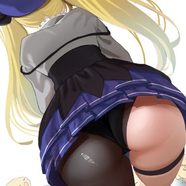 indie virtual youtuber, dokibird, redi (rasec asdjh), ass, ass focus, bent over, bird, black panties, black pantyhose, blonde hair, blue hat, close-up, commentary, dokibird (vtuber), dragoon (dokibird)