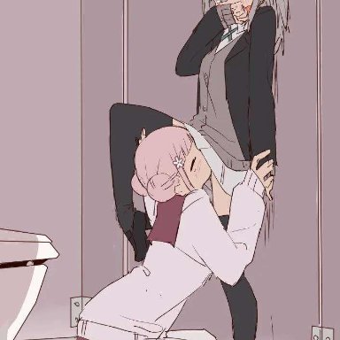 original, original character, original characters, unomiki, 2girls, bathroom, blue eyes, blush, clitoral stimulation, cute, eating pussy, female only, femsub, hentai, lesbian couple