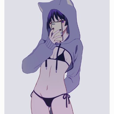 genshin impact, scaramouche (genshin impact), artist request, bikini, cat tail, catboy, cute, femboy, male with painted nails, purple eyes, purple hair, selfie, small waist, solo, solo male