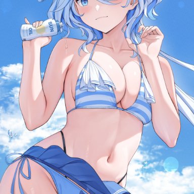 genshin impact, hoyoverse, mihoyo, furina (genshin impact), rosumerii, 1girls, alternate breast size, alternate costume, belly button, big breasts, bikini, bikini bottom, bikini top, blue bikini, blue bikini bottom