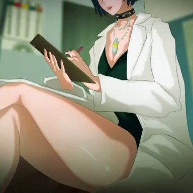 persona, persona 5, tae takemi, nekonyan, tuffling, 1boy, 1girls, anus, ass, blush, brown eyes, collar, cowgirl position, dark hair, doctor