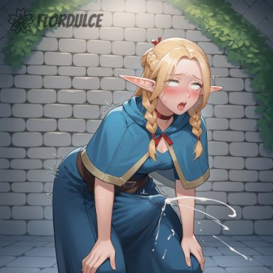 delicious in dungeon, dungeon meshi, marcille donato, flordulce, 1futa, ahe gao, bending forward, blonde hair, covered penis, cum, cumming, cumshot, ejaculating cum, ejaculation, ejaculation under clothes