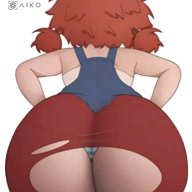 amber (vammzu), artist request, vammzu, ass, ass focus, big ass, bottom heavy, butt crack, hole in pants, hole in shorts, huge ass, panties, panties to thong, presenting hindquarters, red hair