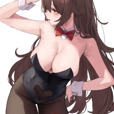 genshin impact, amber (genshin impact), hiki niito, hiki nito, hikinito (leviathan), leviathan (hikinito0902), alternate costume, arm up, armpits, bare arms, bare chest, bare shoulders, bare skin, black bunnygirl costume, black bunnysuit