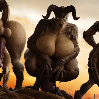 bethesda softworks, fallout, deathclaw, female deathclaw, sfrogue, 3futas, animal genitalia, anthro, anus, ass, balls, big ass, big balls, big breasts, big butt