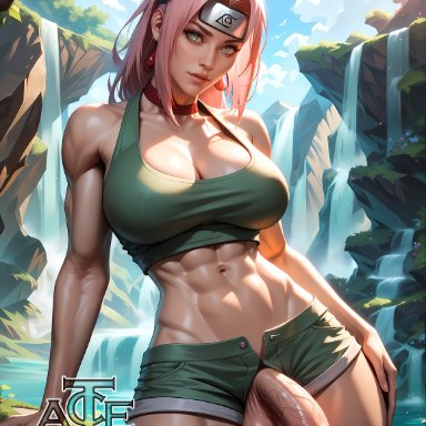 naruto, sakura haruno, taceee, 1futa, abs, balls, big balls, big breasts, breasts, curvy, dickgirl, futa only, futanari, looking at viewer, nsfw