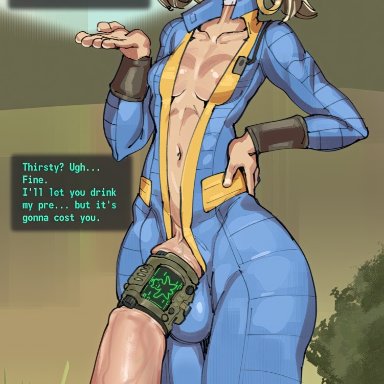 fallout, original, ashley (streachybear), streachybear, 1futa, balls, big penis, bodysuit, breasts, brown hair, clothed, clothing, dripping, earrings, erection