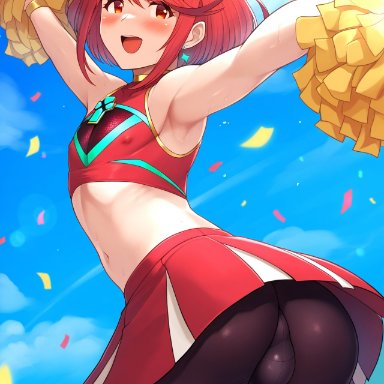 xenoblade chronicles 2, pyra, pyra (xenoblade), robofun, 1boy, androgynous, ass, bike shorts, bulge, cheering, cheerleader, chest jewel, core crystal (xenoblade), crop top, femboy