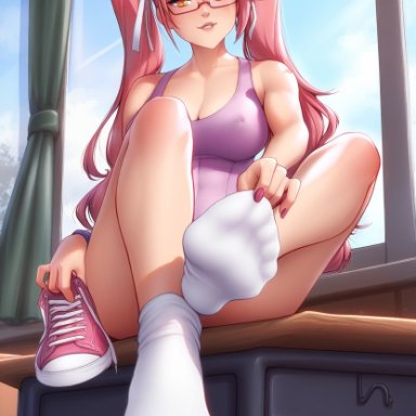 converse, highschool of the dead, saya takagi, 1girls, ankle socks, anklehighs, big boobs, big breasts, boobs, breasts, classroom, cleavage, collarbone, feet, feet focus